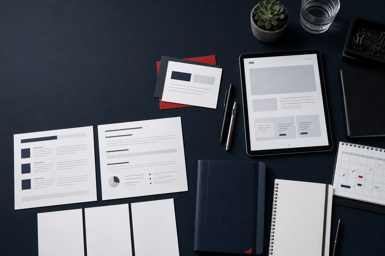 Campaign launch planning materials arranged on a modern desk