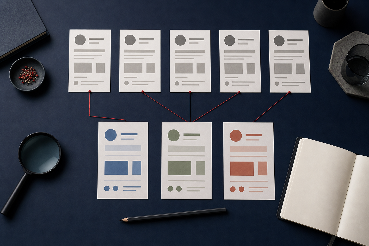 Organized competitor research and campaign concept cards on a desk