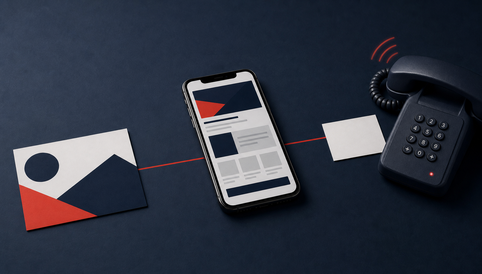 Visual sequence connecting an ad concept, landing page, and follow-up action